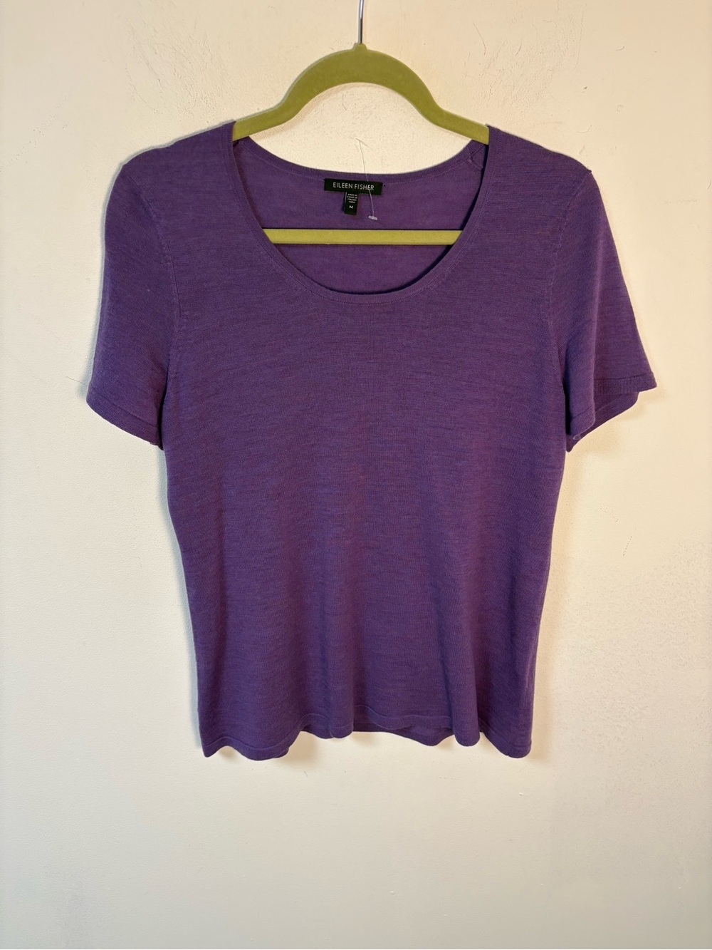 EILEEN FISHER Purple Short-Sleeve Scoop Neck Top Merino Wool Medium